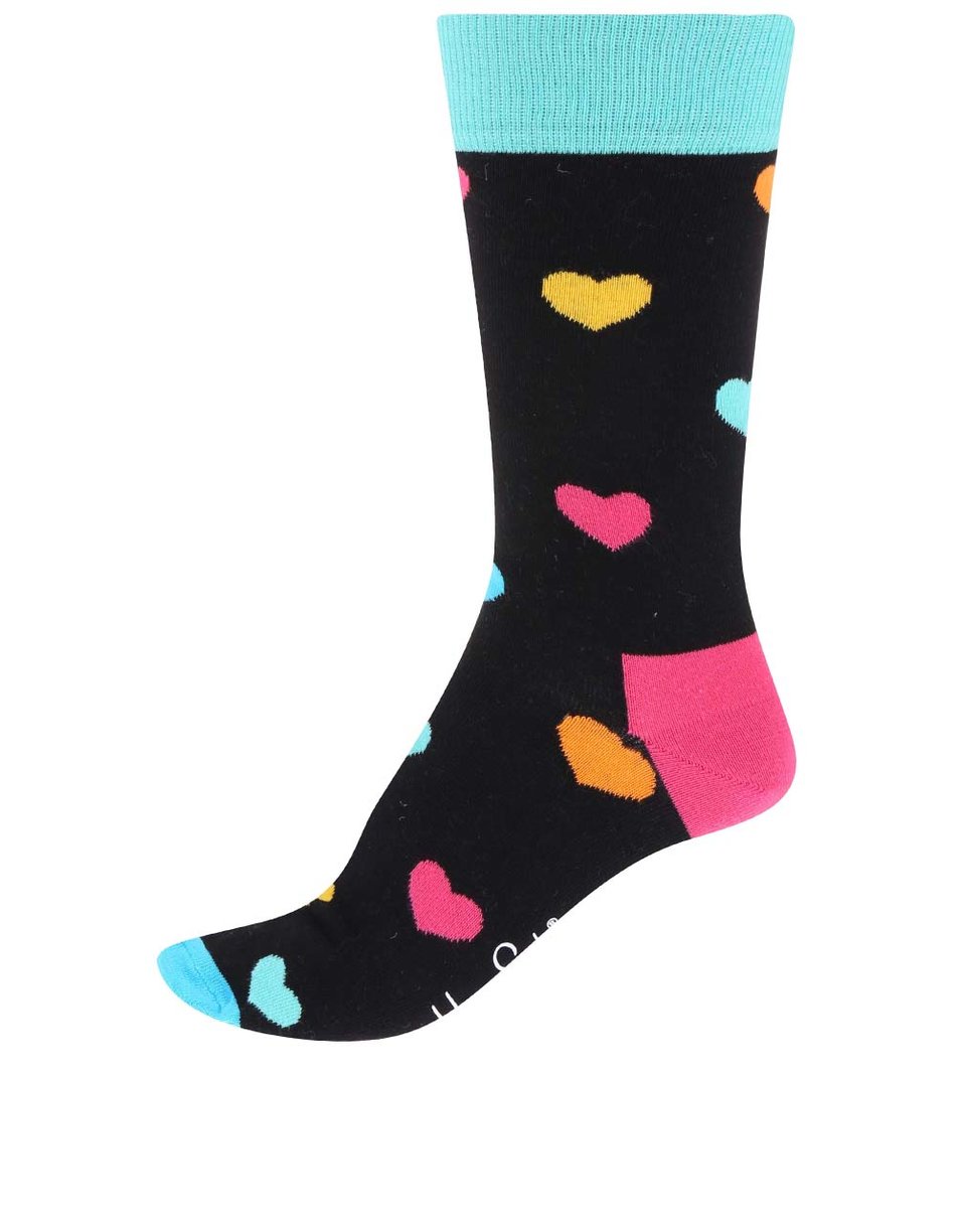 Černé unisex ponožky s barevnými srdci Happy Socks Heart, 219 Kč